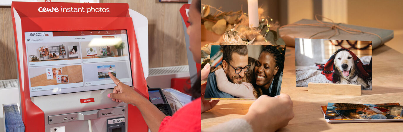 A person using a CEWE photo station kiosk to select and print photos. Two printed photos are on a table.