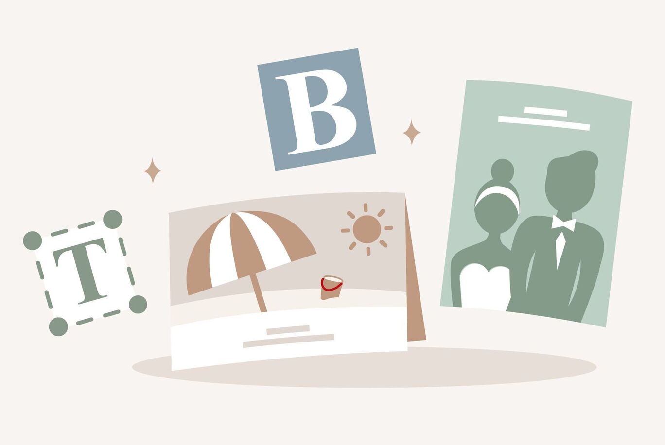 A creative graphic with various design elements for personalized photo products. In the foreground, an umbrella, photos, and text in different formats.