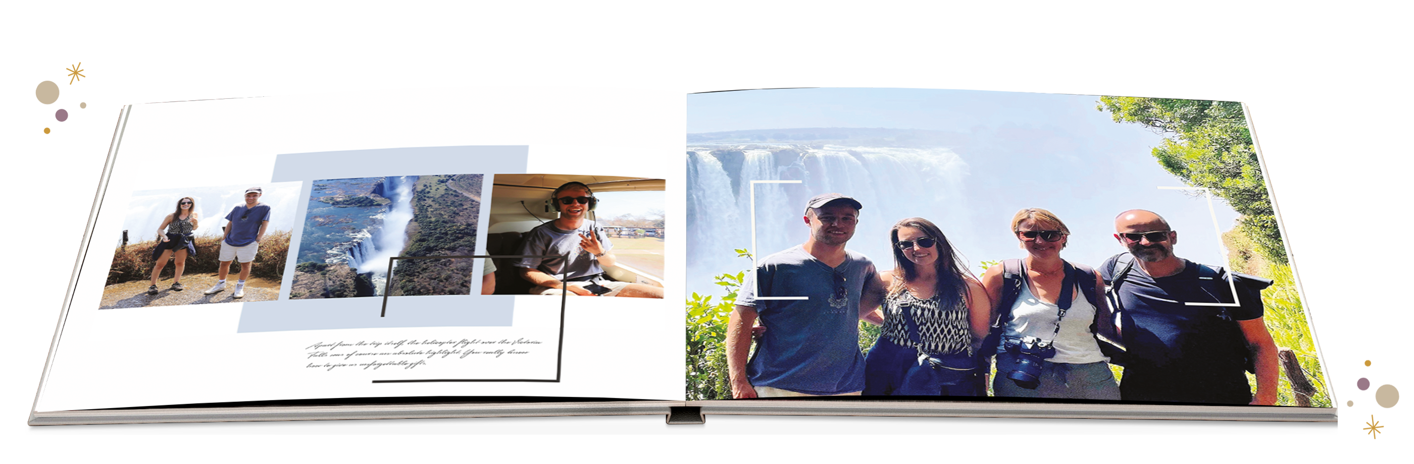 Two revealed pages of a CEWE photo book featuring holiday memories and photos of friends in front of a waterfall.